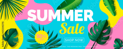 summer sale banner design with tropical leaves on geometric colorful abstract shapes background