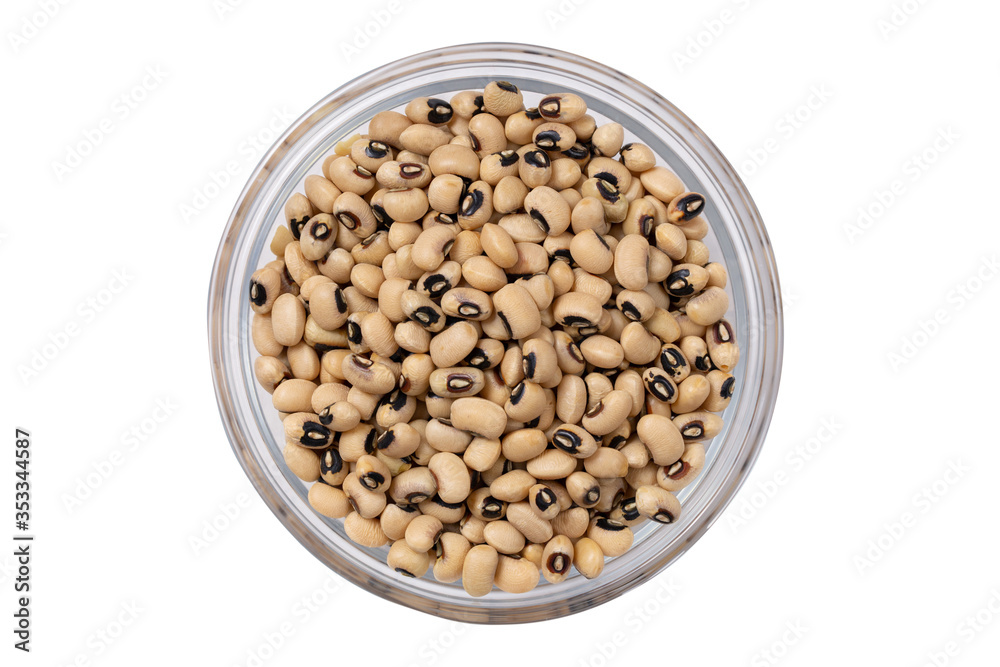 Bob on an isolated white background. Beans black eye in a glass bowl. Bob on an isolated white background. Beans black eye in a glass bowl.