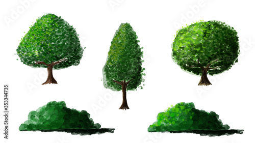 set of green trees isolated illustration