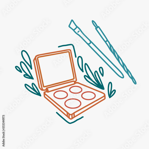Eyeshadow palette with brush. Line art icon of makeup. Simple cosmetics. Contour isolated vector makeup image on white background. Flowers line handdraw illustration.