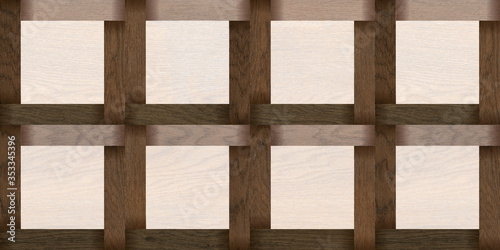 Fototapeta Naklejka Na Ścianę i Meble -  Brown wooden panel in 3d effect, Square shape rusty wood frame for interior-exterior home wall tile design and decor.