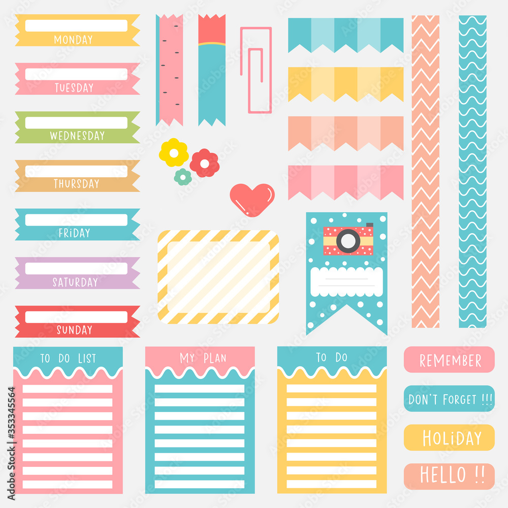 Cute paper notes in sweet color set. Printable planner stickers. Template for your message. Decorative planning element. Vector illustration. Cute paper notes in sweet color set. Printable planner stickers. Template for your message. Decorative planning element. Vector illustration.