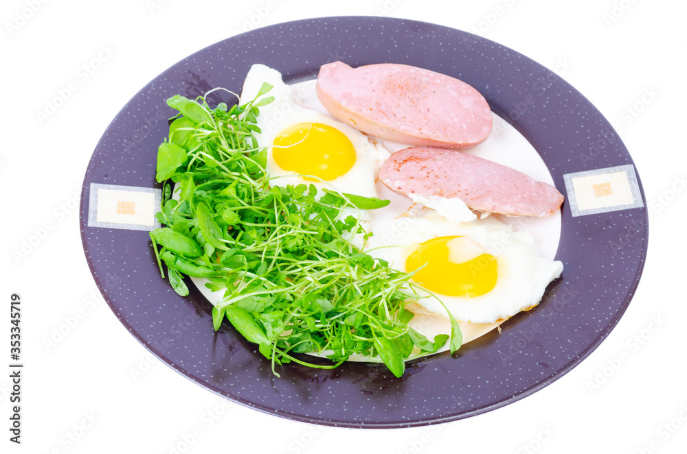 Fried eggs, sausages, fresh green salad, breakfast. Fried eggs, sausages, fresh green salad, breakfast.