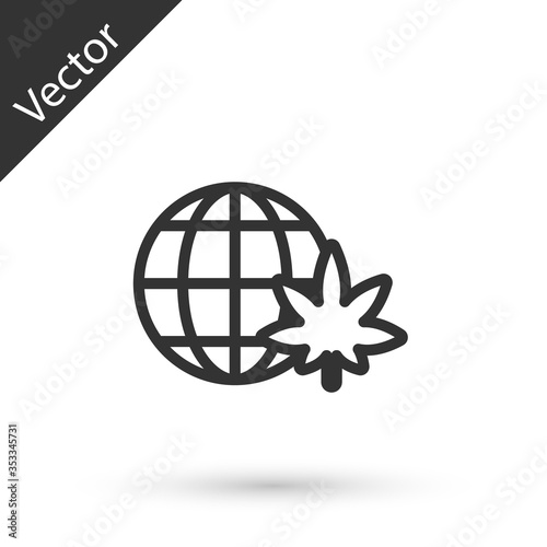 Grey line Legalize marijuana or cannabis globe symbol icon isolated on white background. Hemp symbol. Vector Illustration.