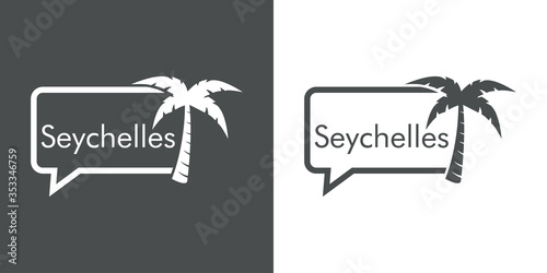 Destino de vacaciones. Logotipo con texto Seychelles en globo de habla con palmera en fondo gris y fondo blando