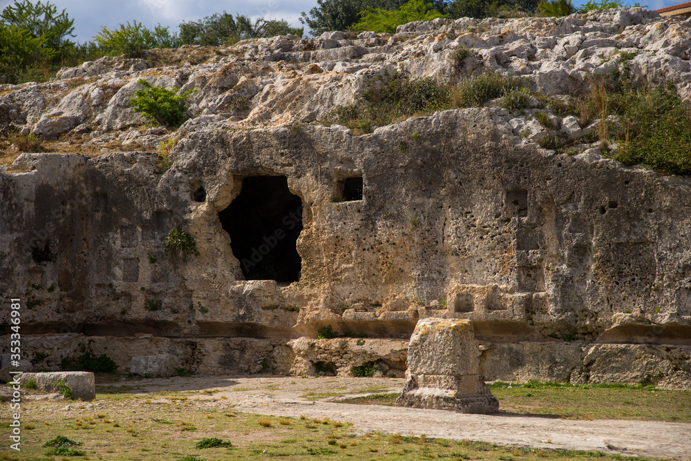 Italy  Sicily  Syracuse , 05 May 2019:  Archaeological Park of Neapolis, Necropolis near the Greek Theater