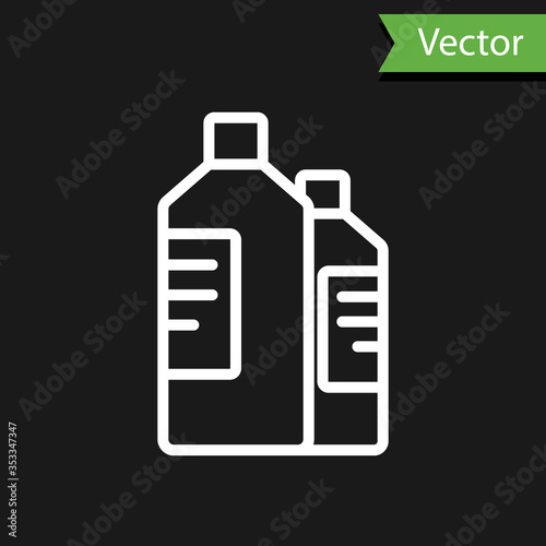 White line Plastic bottles for laundry detergent, bleach, dishwashing liquid or another cleaning agent icon isolated on black background. Vector Illustration.