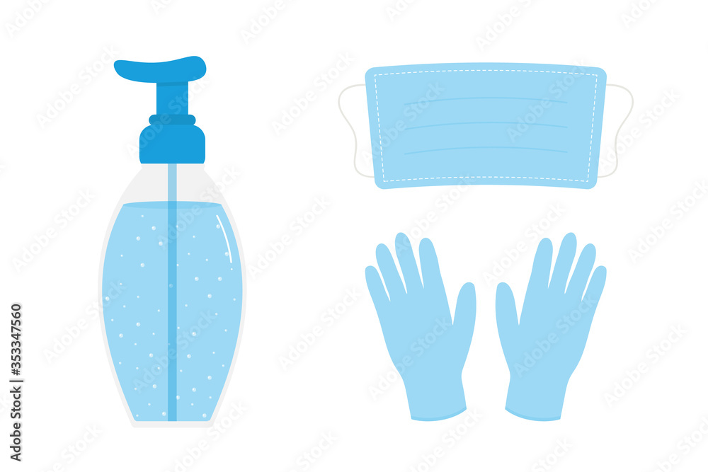 Sanitizer hand gel, medical face mask, rubber gloves vector icons, illustration. Coronavirus, covid-19 protection measures. - obrazy, fototapety, plakaty 