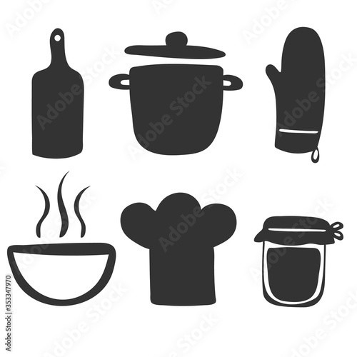 Set of hand drawn simple kitchen tools. Collection for badges, labels and logo elements, retro symbols for bakery shop, cooking club, cafe, food studio or home cooking.