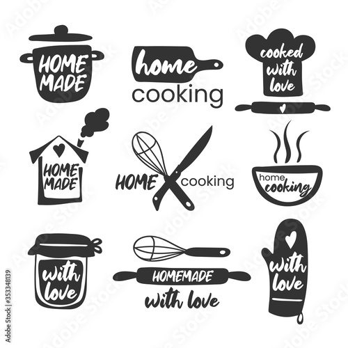 Set of hand drawn simple kitchen phrases - homemade,with love, home cooking, cooked with love. Badges, labels and logo elements, retro symbols for bakery shop, cooking club, cafe, or home cooking.