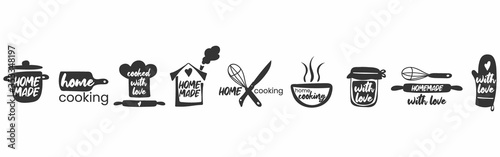 Set of hand drawn simple kitchen phrases - homemade,with love, home cooking, cooked with love. Badges, labels and logo elements, retro symbols for bakery shop, cooking club, cafe, or home cooking.