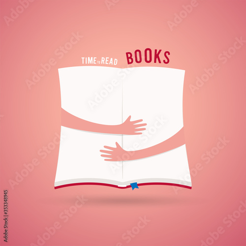 Covered opened book with hands hug. Vector illustration