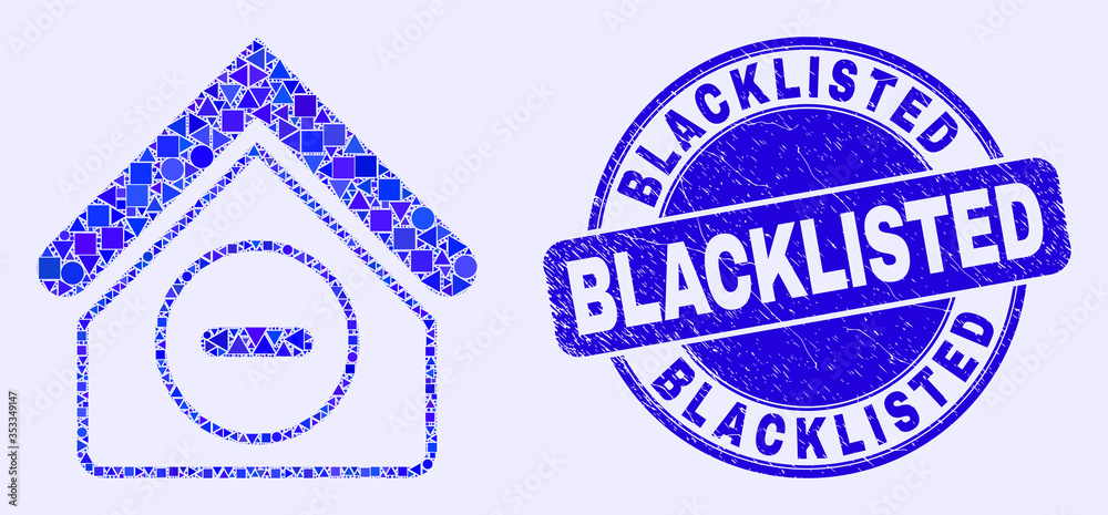 Geometric forbidden house mosaic icon and Blacklisted seal stamp. Blue vector round scratched seal stamp with Blacklisted message. Abstract mosaic of forbidden house constructed of round, tringle,