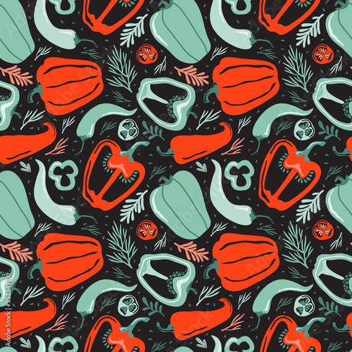 Hand drawn colorful doodle vegetables in organic style seamless pattern. Red and green pepper on a black background. Hot chili pepper. Natural ingredients for cooking salads and vegan healthy food.