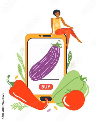 Online order of fresh vegetables on the website of the grocery store. Young woman buys groceries using a mobile app on her smartphone. Concept of dietary healthy nutrition. Vector flat illustration.