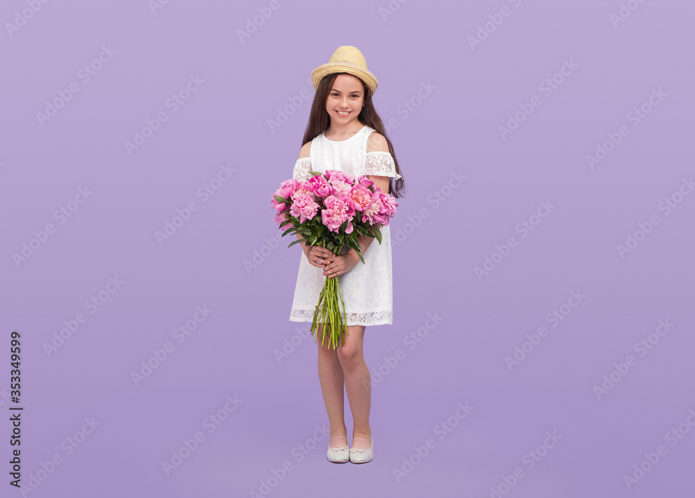 Little girl with bunch of flowers