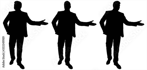 Businessman goes with his hand raised, the second hand is hidden in his pants pocket. Young guy in a business suit is presenting. Three male silhouettes of black color isolated on a white background.