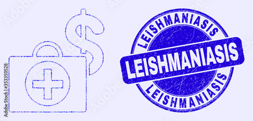 Geometric Financial medical case mosaic pictogram and Leishmaniasis seal. Blue vector round scratched seal with Leishmaniasis phrase. Abstract mosaic of Financial medical case combined of spheric,
