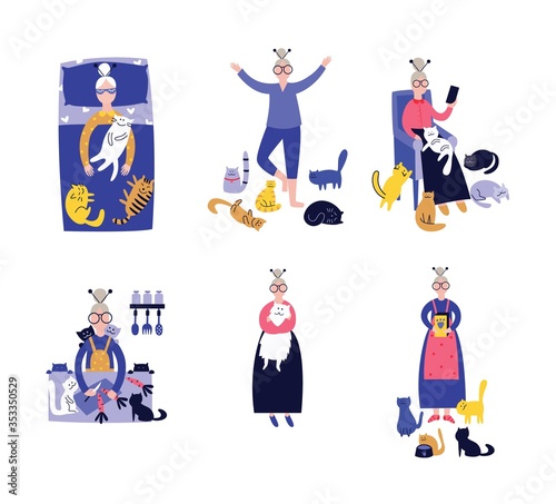 Lonely lady with cats in everyday activity set of vector illustrations on white .