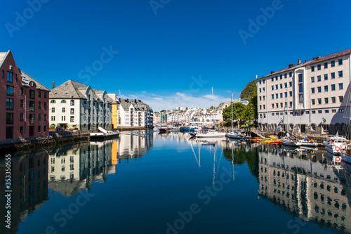 Alesund  Norway - June 2019  Great summer view of Alesund port town on the west coast of Norway  at the entrance to the Geirangerfjord. Old architecture of Alesund town in city centre.