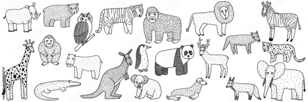 Big collection set of hand drawn wild animals isolated on white background. Doodle style. Lion, bear, zebra, panda, fox, deer, tiger, kangaroo, wolf, leopard. Black and white vector illustration.