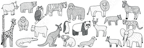 Big collection set of hand drawn wild animals isolated on white background. Doodle style. Lion, bear, zebra, panda, fox, deer, tiger, kangaroo, wolf, leopard. Black and white vector illustration.
