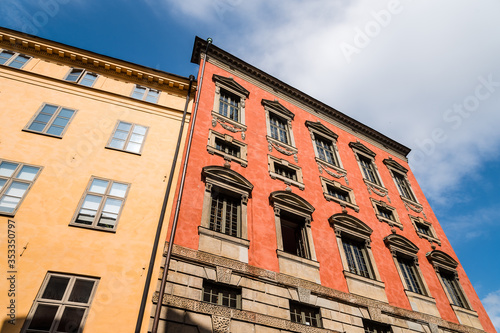 Low angle view of old buildings in Gamla Stan, the Old Medieval Town of Stockholm