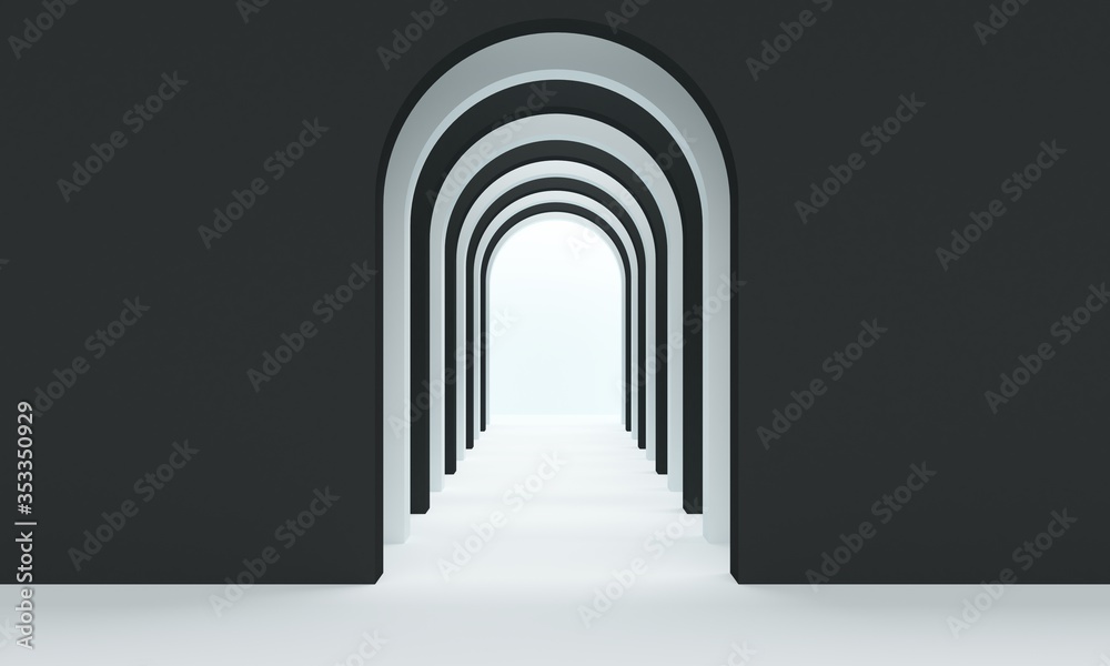 Entrance to the black arched corridor with white floor. 3d rendering Entrance to the black arched corridor with white floor. 3d rendering