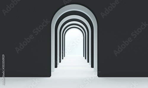 Entrance to the black arched corridor with white floor. 3d rendering
