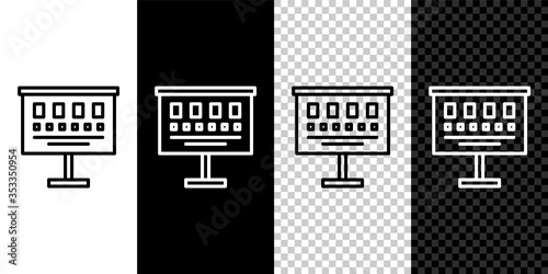 Set line Eye test chart icon isolated on black and white background. Poster for vision testing in ophthalmic study. Snellen chart. Vector Illustration