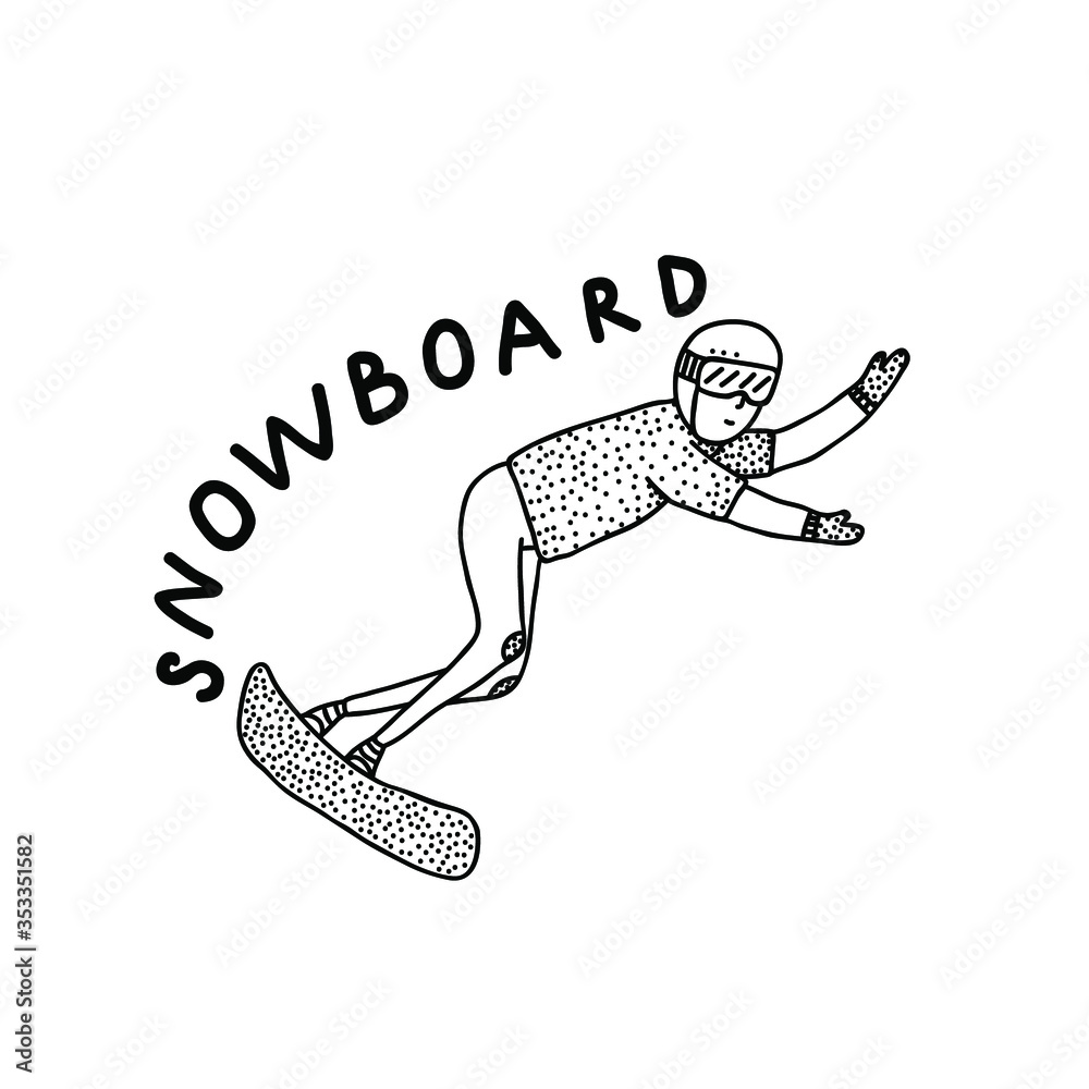 Black line art with snowboarder.Hand drawn illustration with an adult  snowboarding and a word "Snowboard" isolated on white background.Funny  doodle style design for print,poster,banner,social media Stock Vector |  Adobe Stock