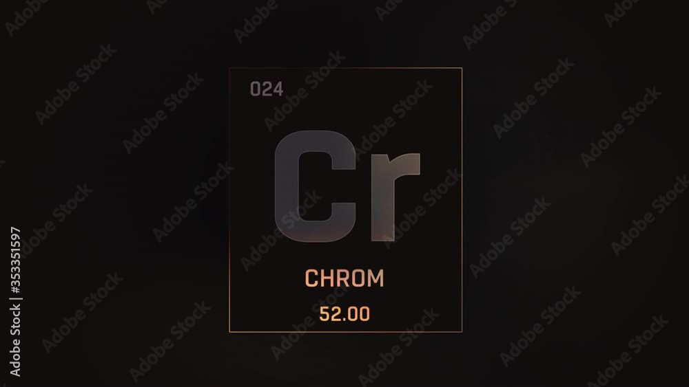 Chromium as Element 24 of the Periodic Table. Seamlessly looping 3D animation on grey illuminated atom design background orbiting electrons name, atomic weight element number in German language Chromium as Element 24 of the Periodic Table. Seamlessly looping 3D animation on grey illuminated atom design background orbiting electrons name, atomic weight element number in German language