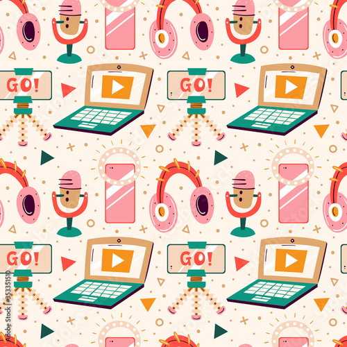 Blogging, vlogging set. Filming items. Laptop, headphones, tripod, lightning, selfie, stream. Flat colourful vector seamless pattern, texture, background, backdrop isolated on beige background. 