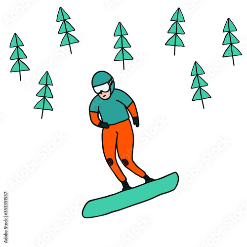 A snowboarder person isolated on white background. Hand drawn stock vector illustration.Cute drawing for decoration sport shop. Print design for poster, card. Happy winter vacation.