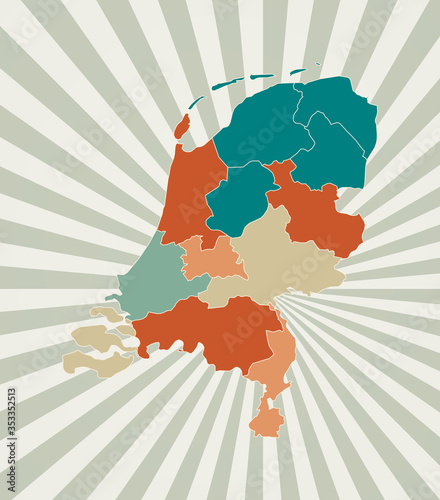 Netherlands map. Poster with map of the country in retro color palette. Shape of Netherlands with sunburst rays background. Vector illustration.