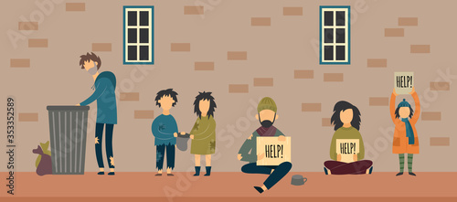 Homeless people - flat cartoon banner of poor men and woman holding Help sign