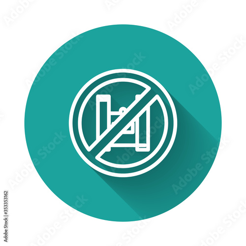 White line Say no to plastic bags poster icon isolated with long shadow. Disposable cellophane and polythene package prohibition sign. Green circle button. Vector Illustration