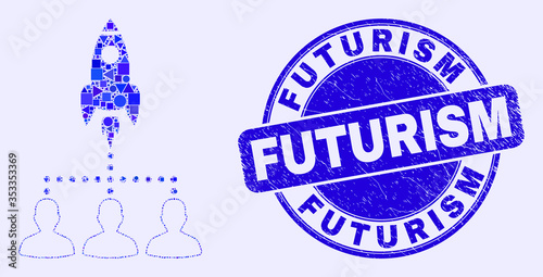 Geometric rocket startup group mosaic pictogram and Futurism seal stamp. Blue vector round grunge seal stamp with Futurism phrase. Abstract concept of rocket startup group organized of round, tringle,