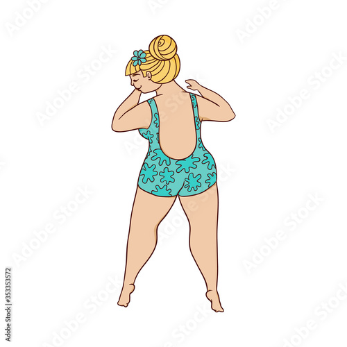 Caucasian fat woman blonde in a swimsuit lies back up, body positive concept.