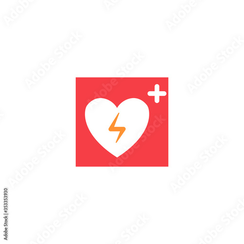 Icon of heart, automated external defibrillator and electrical shock concept.
