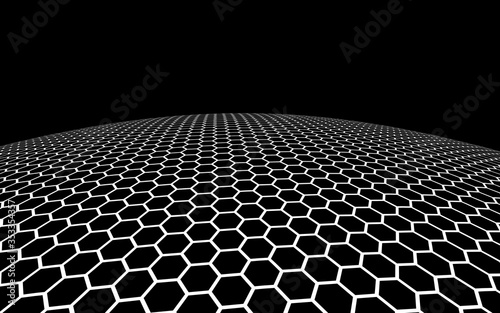 Dark honeycomb on dark background. Perspective view on polygon look like honeycomb. Ball, planet, covered with a network, honeycombs, cells. 3D illustration