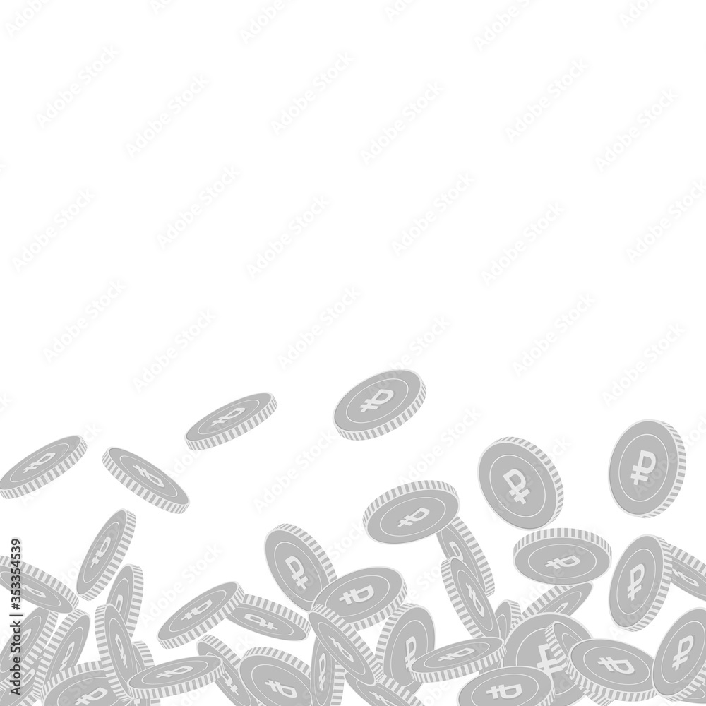 Russian ruble coins falling. Scattered black and w Russian ruble coins falling. Scattered black and w