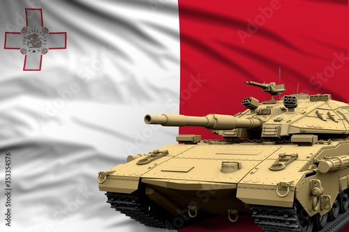 Malta modern tank with not real design on the flag background - tank army forces concept, military 3D Illustration