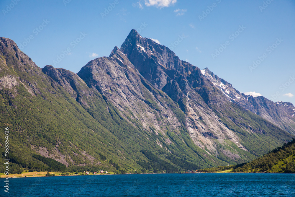 Dramatic sunny and beauty landscape at Hjorundfjord, Norway