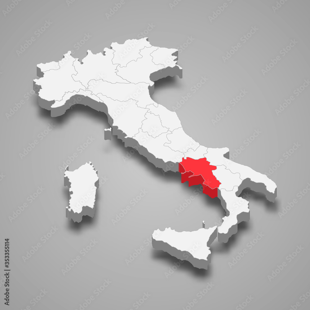 campania region location within Italy 3d map Template for your design