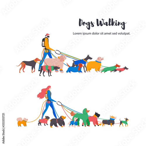 Man and woman. Dogs walkers, french bulldog, toy terrier, spitz, corgi, basset hound, dachshund, rhodesian ridgeback, weimaraner, retriever, spaniel, komondor, doberman, poodle, mittelschnauzer.