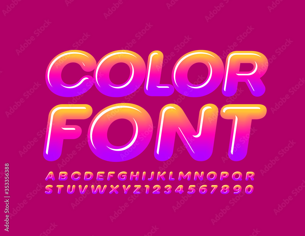 Vector Glossy gradient Color Font. Bright Alphabet Letters and Numbers