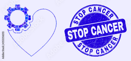 Geometric heart gear mosaic pictogram and Stop Cancer seal stamp. Blue vector rounded distress seal stamp with Stop Cancer text. Abstract composition of heart gear combined of circle, tringle,
