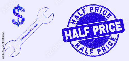 Geometric dollar wrench mosaic icon and Half Price seal stamp. Blue vector rounded scratched seal stamp with Half Price title. Abstract composition of dollar wrench composed of spheric, tringle,