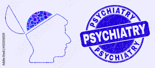 Geometric open mind mosaic icon and Psychiatry seal stamp. Blue vector round distress seal stamp with Psychiatry caption. Abstract collage of open mind done of round, triangles,